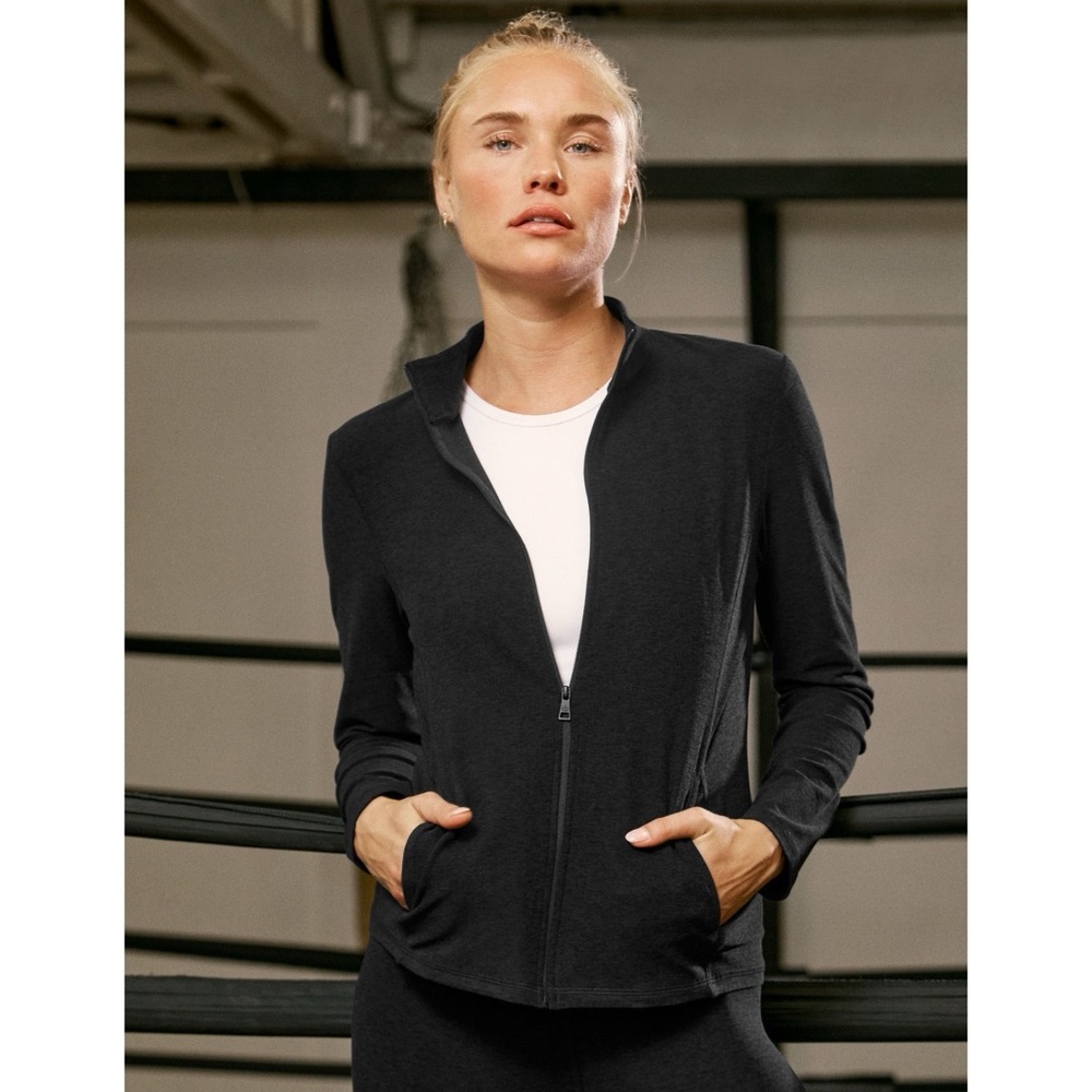 Beyond Yoga Spacedye On The Go Mock Neck Jacket in Darkest Knight Black Grey XS